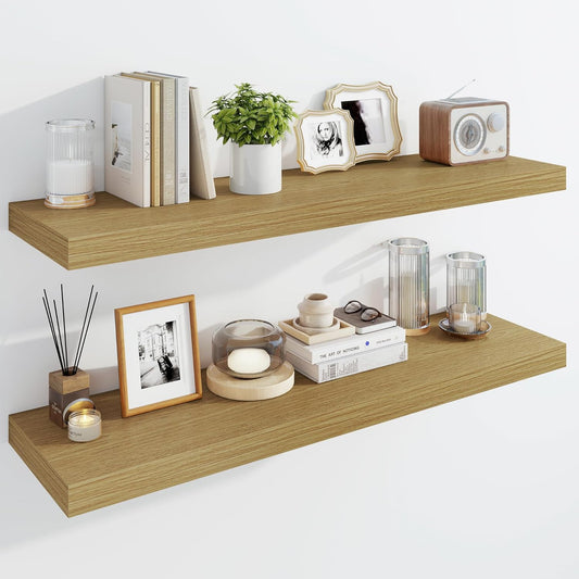 Marsmiles 39" Floating Shelves for Wall, Wooden Shelves with Invisible Brackets Set of 2, Rustic Farmhouse Wall Mounted Shelf for Kitchen Bathroom Living Room Study, Natural Oak