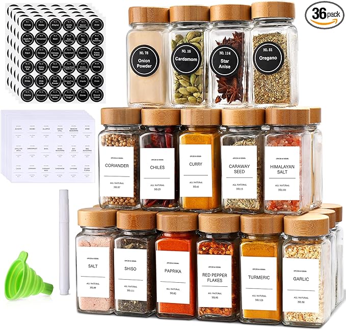 DIMBRAH Spice Jars with Label-4oz 36Pcs, Glass Spice Jars with Bamboo Lids, Container Set with White Printed Labels,Kitchen Empty Jars with Shaker Lids