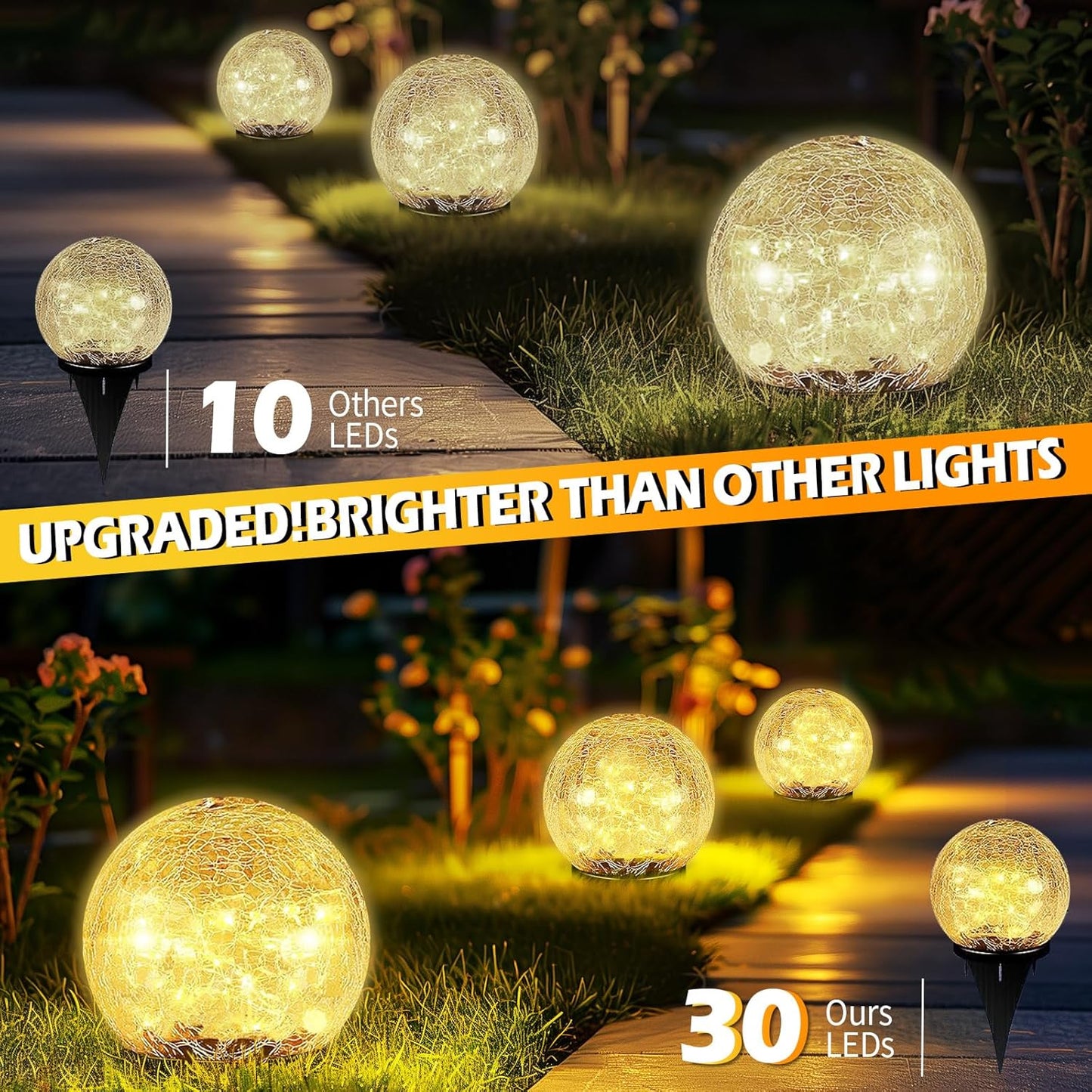 Garden Solar Ball Lights Outdoor Waterproof, 30 LED Cracked Glass Globe Solar Power Ground Lights for Path Yard Patio Lawn, Christmas Decoration Landscape Warm White(2 Pack 3.9'')