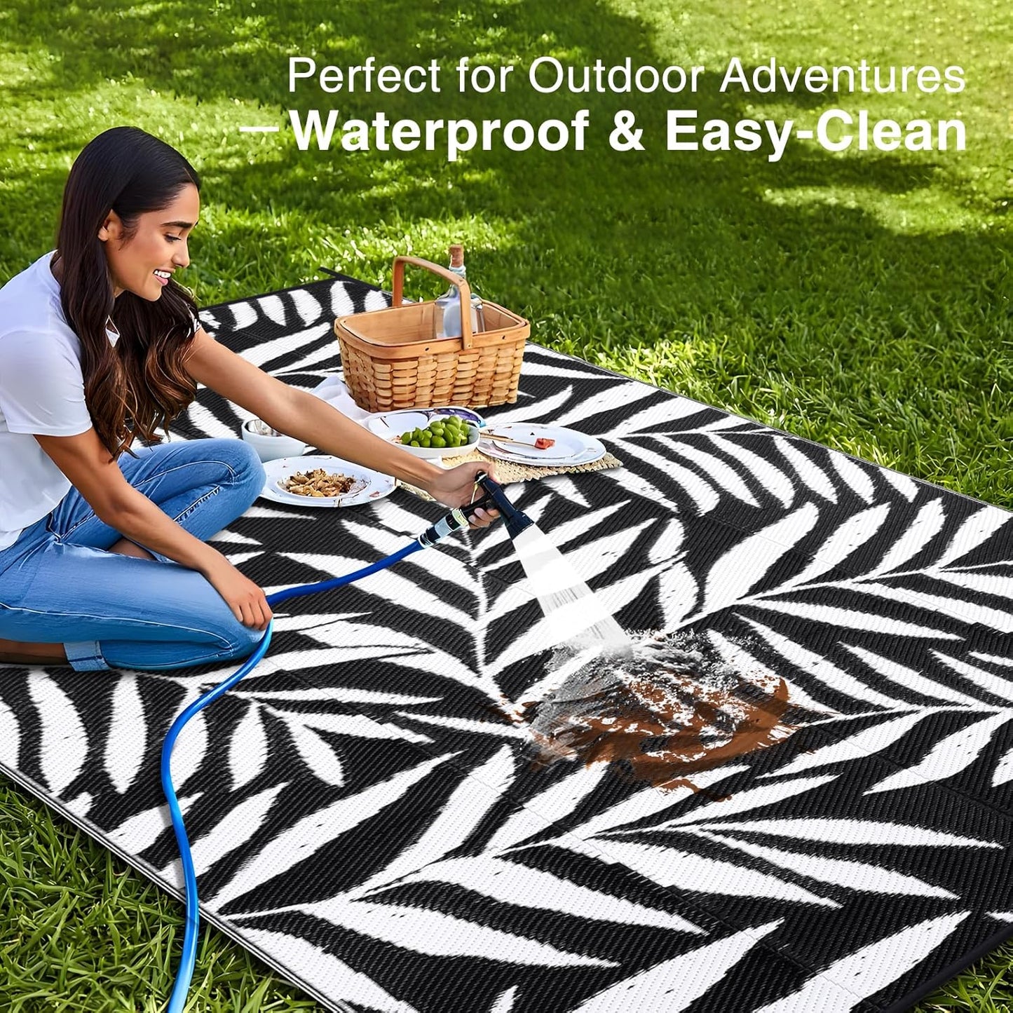 OLANLY Waterproof Outdoor Rug 6x9 ft, Reversible Outdoor Plastic Straw Rug with Leaf Pattern, RV Mat, Indoor Outdoor Carpet for Patio, Camping, Balcony, Deck, Backyard, Black & White