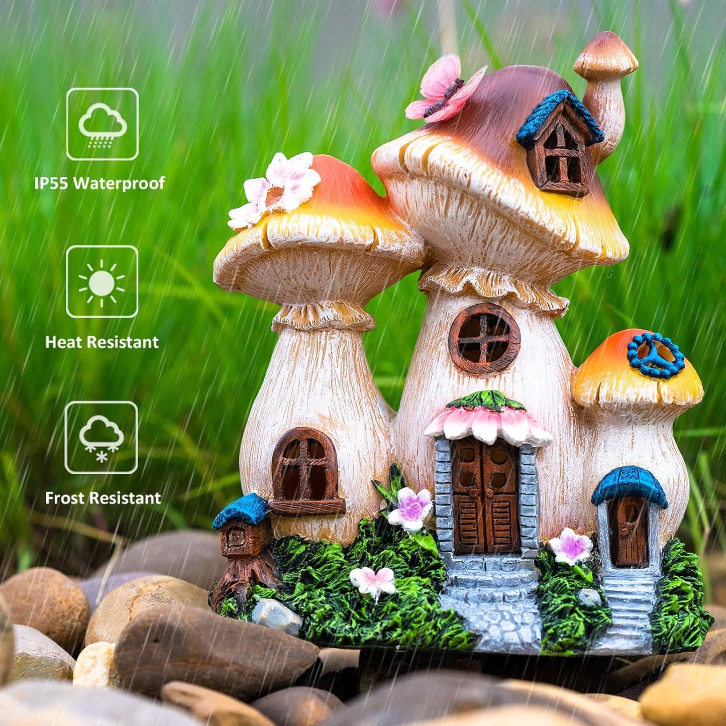 Solar Garden Statue Lights Mushroom Fairy House Figurine, Outdoor Memorial Garden Ornaments Waterproof Decoration for Outside Patio Yard Lawn Decor