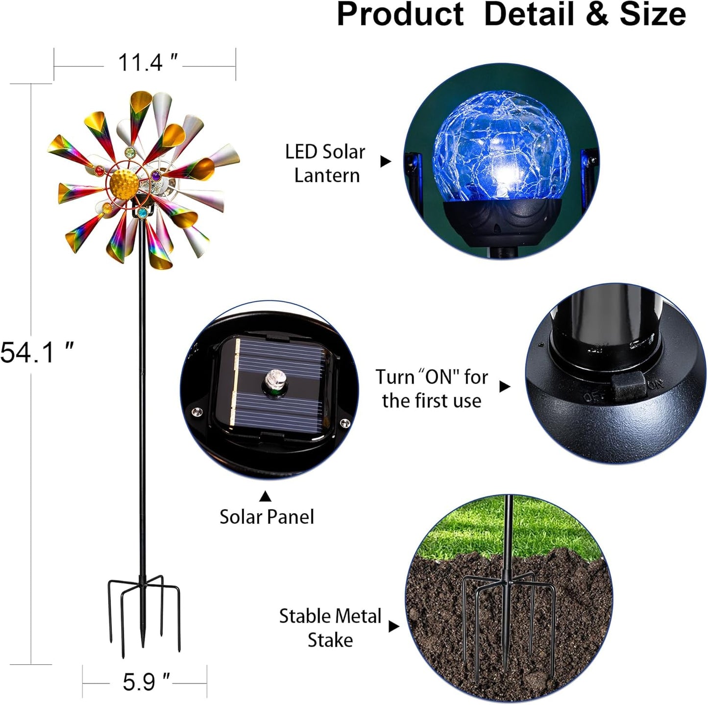 54'' Wind Spinners Outdoor Solar Garden Decor Light - Unique Metal Stake Colorful Windmill, Durable Waterproof Design for Garden, Lawn, Patio