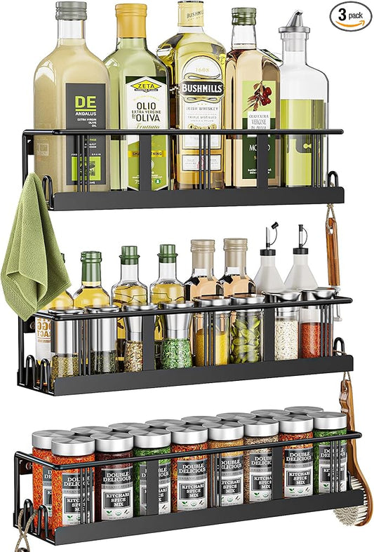 Spice Rack Wall Mounted 3 Pack, Space-Saving Spice Organizer for Spice Jars and Seasonings,Screw or Adhesive Hanging Spice Rack Organizer for Your Kitchen Cabinet,or Pantry Door