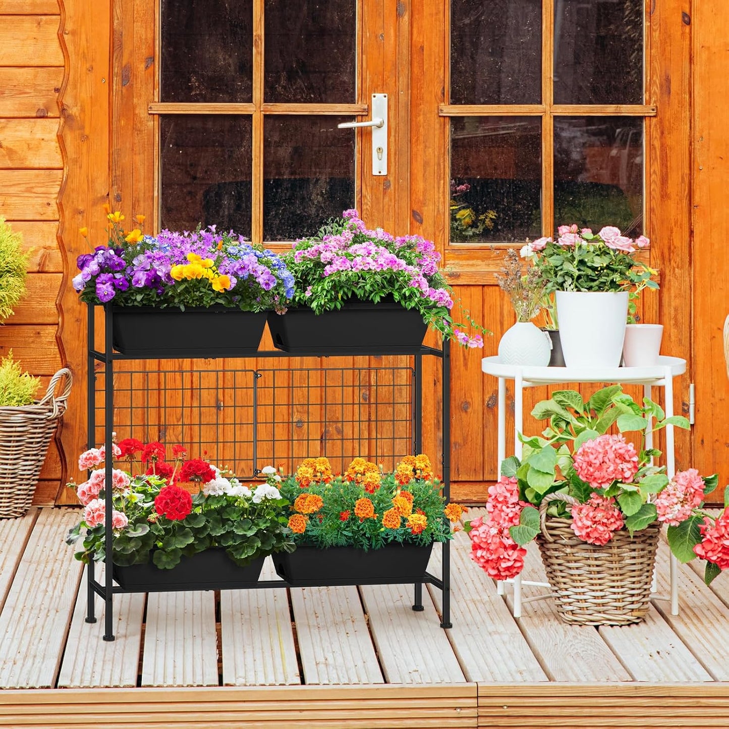 Raised Garden Beds Outdoor Elevated Garden Planter Boxes with Trellis and Legs Standing 32.4" Flowers Beds Herbs Vertical Planters for Small Climbing Plant Vegetables Patio Balcony, Black