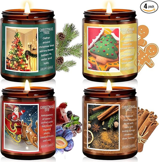 Christmas Candle Set | 4Pack Scented Candles Holiday Candle Gifts - Soy Candles Home Scented, Xmas Gift for Women and Men - Scents of Christmas Tree/Spice/Cookies/EVE