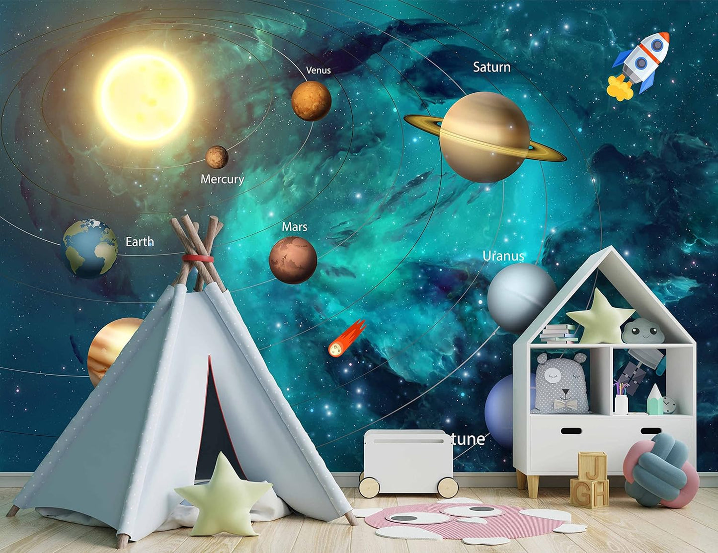 Kids Universe Planet Galaxy Wallpaper Solar System Starry bight Sky Ceiling Nursery Wall Mural - 160"x108"（Not Peel and Stick）