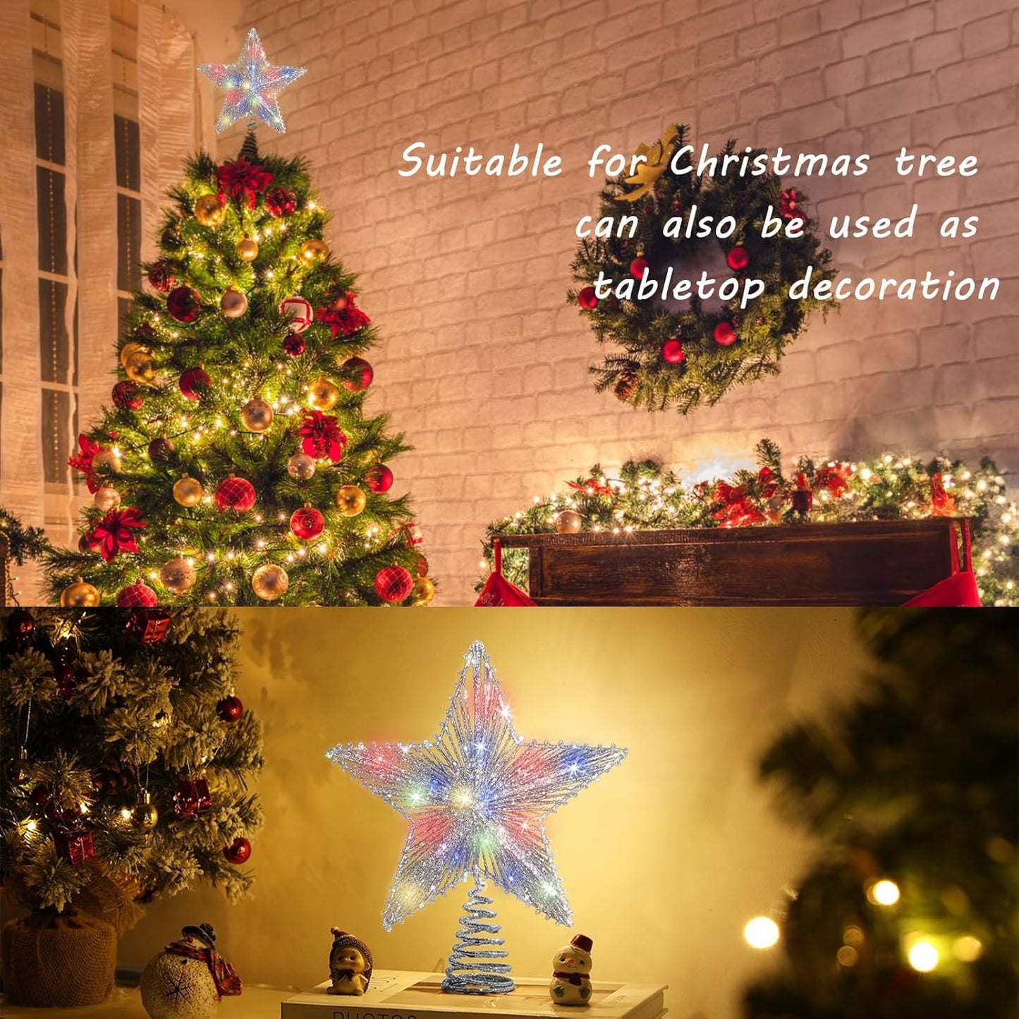 Silver Star Christmas Tree Topper with 50 Colouful LED Lights 8 Lighting Modes Timer, White Tree Topper for Christmas Tree Decorations and Xmas Holiday Seasonal Decor