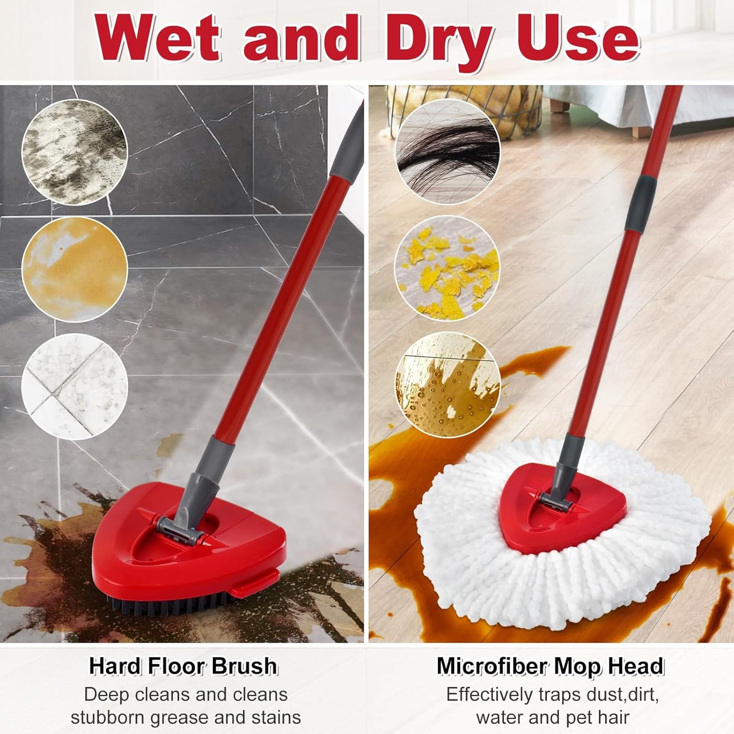 Spin Mop Head Replacement,Iron Spin Handle,Brush and Base Compatible with O Cedar EasyWring 1 Tank System,Microfiber Mop Refills and 30-58" Handle Combo Set to Floor Cleaning(White,1 Tank)