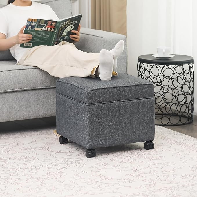 Adeco 17.5" Square Fabric Ottoman with Storage, Upholstered Cotton Linen Foot Rest, Flip Top Footstool, Small Cube Coffee Table Extra Seat for Living Room, Bedroom, Grey with Rolling Legs