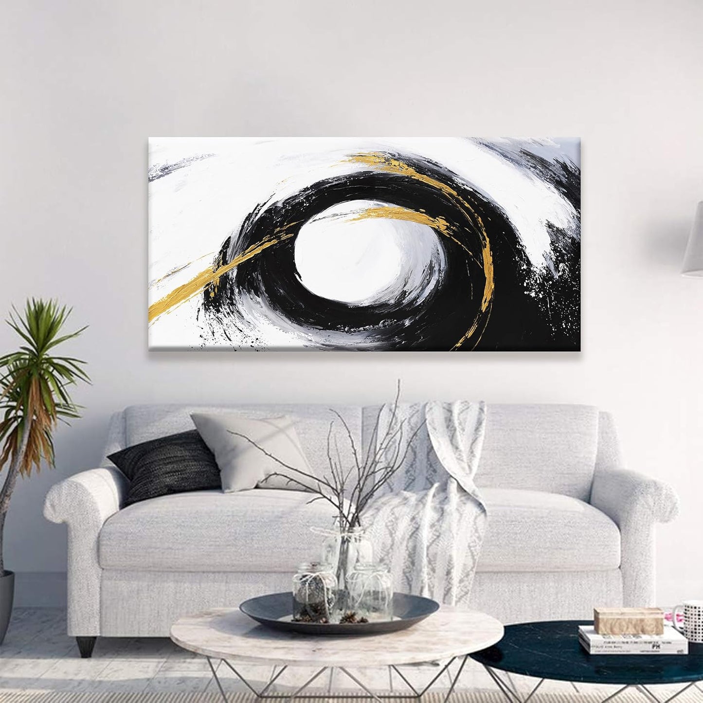 QSQ Black And Gold Wall Art Modern Abstract Wall Decor Canvas Prints Picture White Canvas Art Wall Decor Modern Abstract Wall Artwork Bedroom Living Room Office Home Decoration 24" X 48"