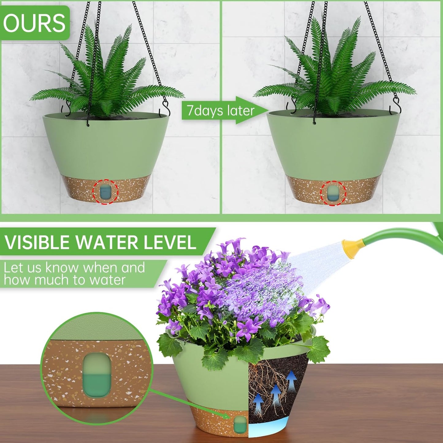 ZMTECH 2 Pack 10 Inch Hanging Planters for Outdoor Plants, Hanging Pots for Plants Indoor with Visible Water Level, Hanging Flower Basket with Drainage Holes & Removable Tray(Green)