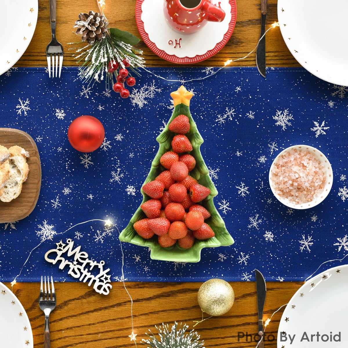 Artoid Mode Snowman Birds Trees Christmas Table Runner, Seasonal Blue Winter Holiday Kitchen Dining Table Decoration for Indoor Outdoor Home Party Decor 13 x 108 Inch