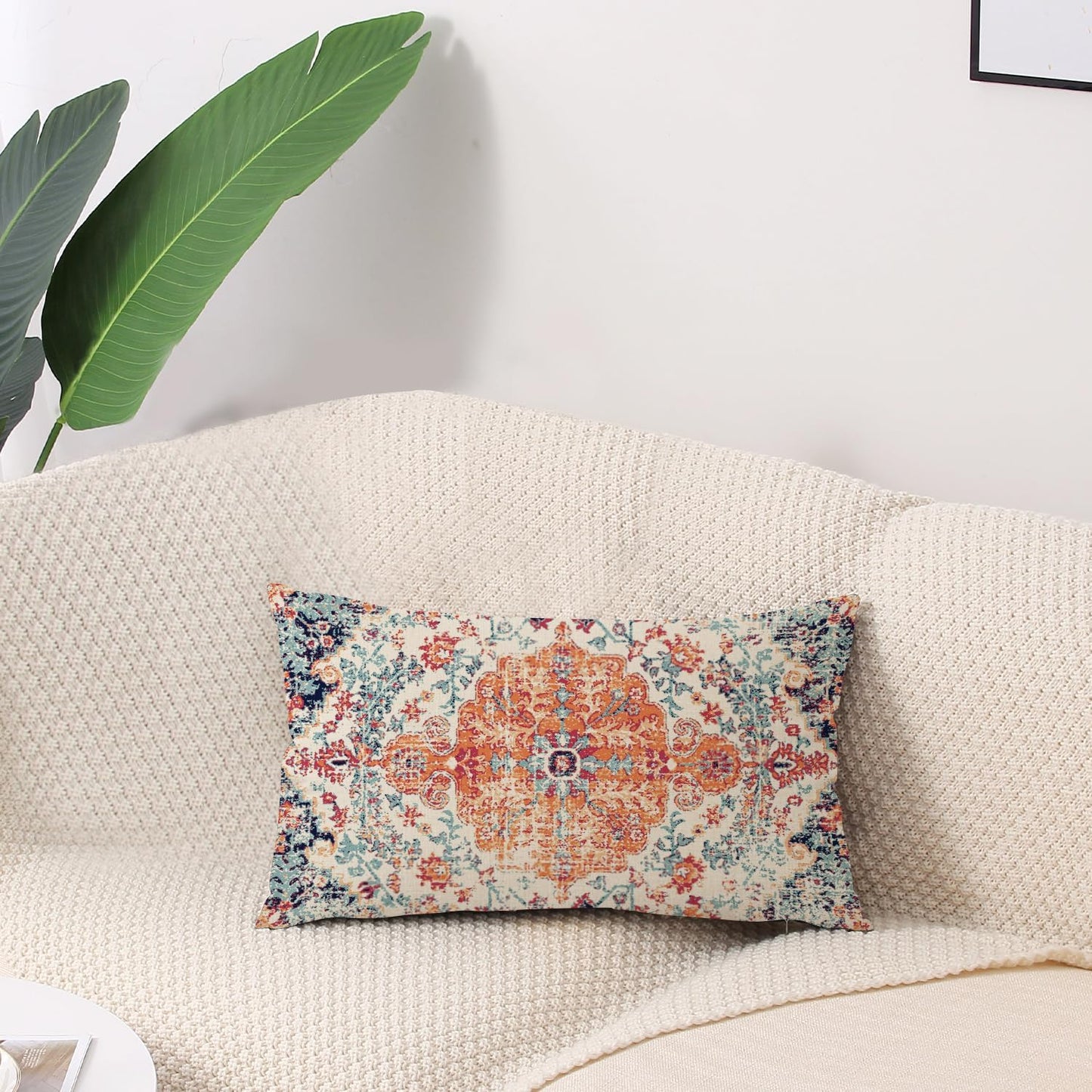 Outdoor Waterproof Pillow Covers - 12X20 Inch Set of 2, Bohemian Vintage Carpet Pattern, Orange Blue Ethnic Design, Decorative Farmhouse for Couch, Garden, Balcony