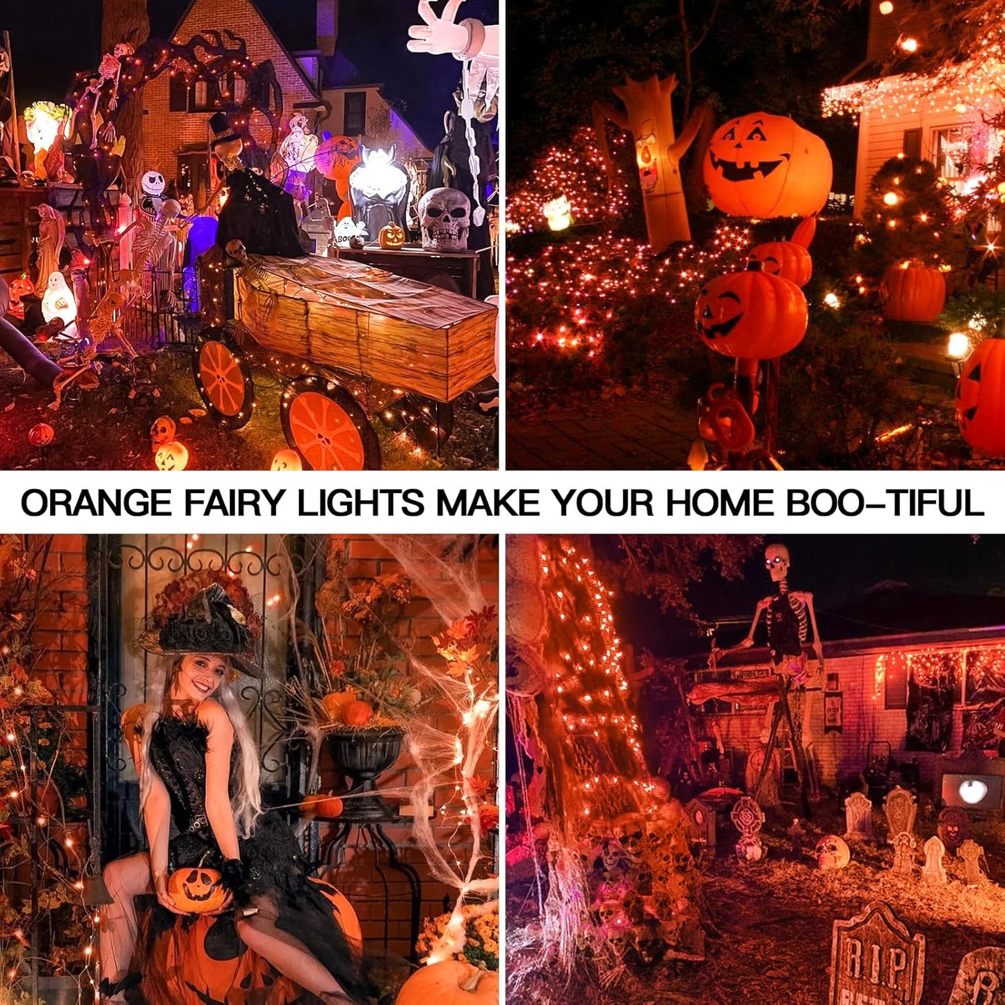 suddus Orange Halloween Fairy Lights Battery Operated, 66ft 200 LED Copper Wire Twinkle Lights Waterproof, String Lights with Remote for Bedroom, Party, Yard, Door, Garland, Tree Decorations