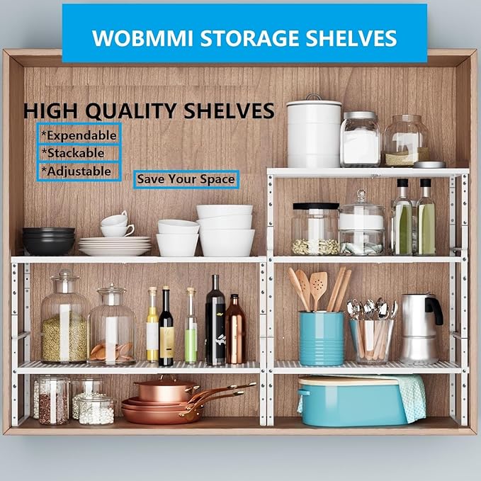 Expandable,Adjustable & Stackable Spice Rack, Cabinet Kitchen Countertop Shelf Organizer,Metal Pantry Storage Shelves - Space-Saving Storage Solution(2Packs/White/Medium)