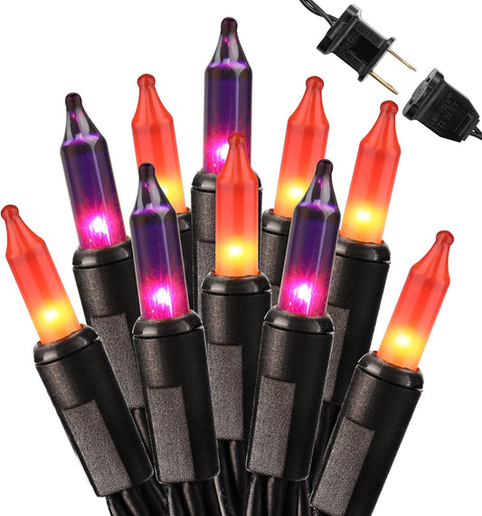 Brizled Orange & Purple Halloween Lights, 100 Count Connectable, UL Certified Incandescent String Lights, Black Wire Mini Lights Set for Indoor/Outdoor Halloween Party Decor