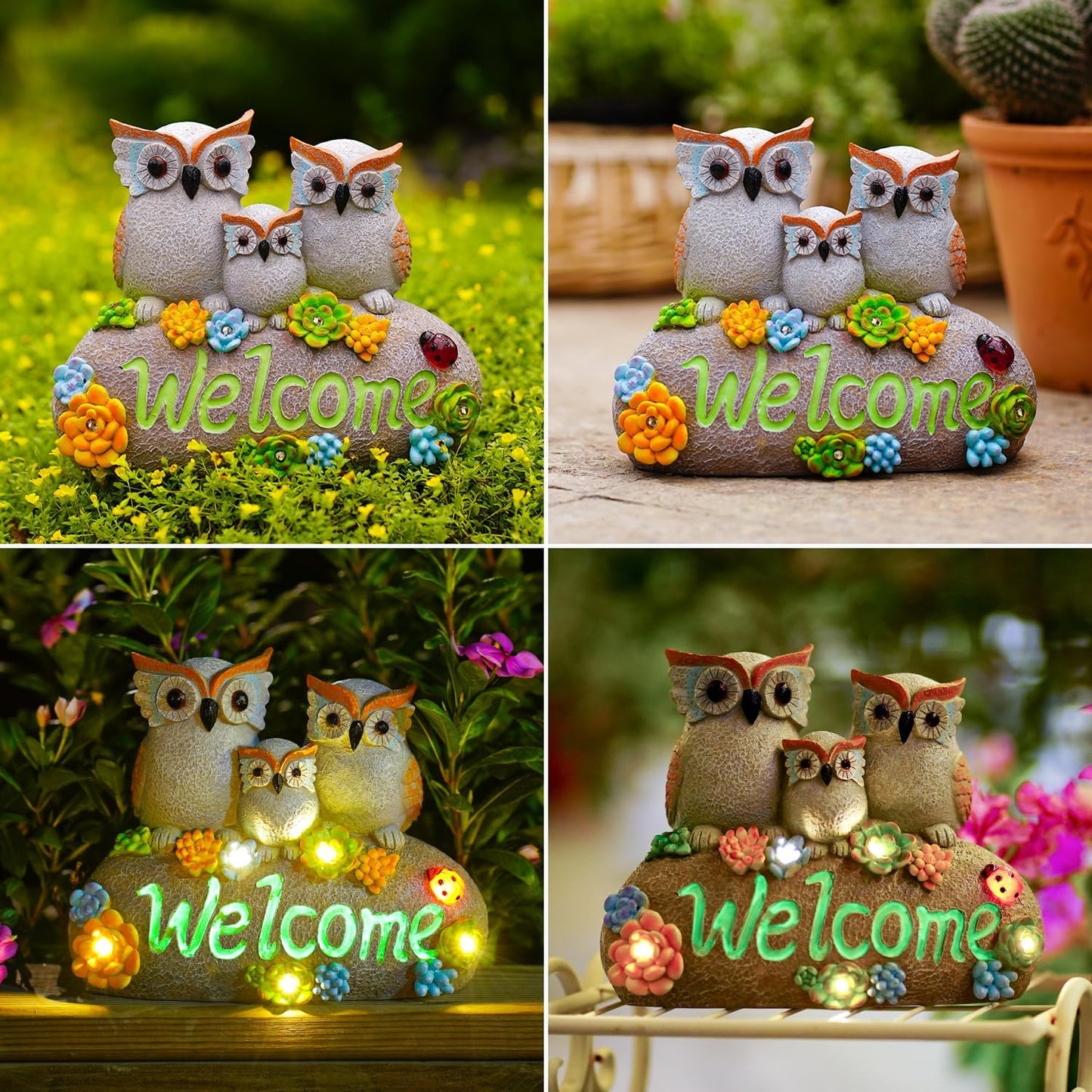 Nacome Solar Owl Statues for Garden Decor: Welcome Sign Outside Lawn for Patio/Balcony/Yard Art/Lawn Ornament House Warming Gifts for Mom/Women
