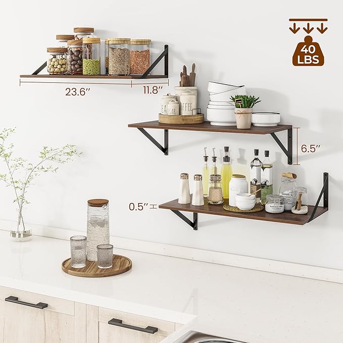 Heimlove 24" W x 12" D Wall Shelves for Books, 12 Inch Deep Floating Shelves Set of 3, Wide Floating Bookshelf with Metal Bracket for Living Room, Kitchen, Office, Bedroom and Decor Storage - Walnut