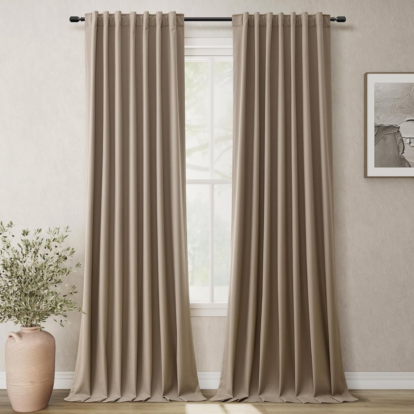 BOODII Room Darkening Curtains Light Brown Black Out Curtains 96 Inches Long 2 Panel Set Back Tab Neutral Linen Curtain for Sliding Door Modern Farmhouse Living Room Blackout Drapes Soundproof 52x96
