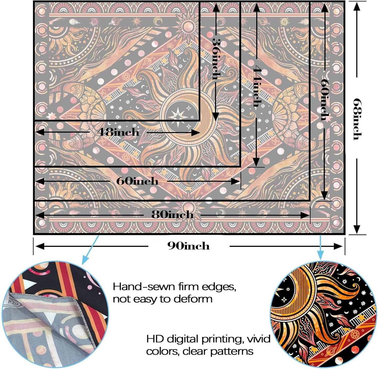 Lunerfex Hippie Sun and Moon Tapestry Bohemian Celestial Tapestry Aesthetic Tapestries for Bedroom and Living Room Decor Sun and Moon 60×80 Inches