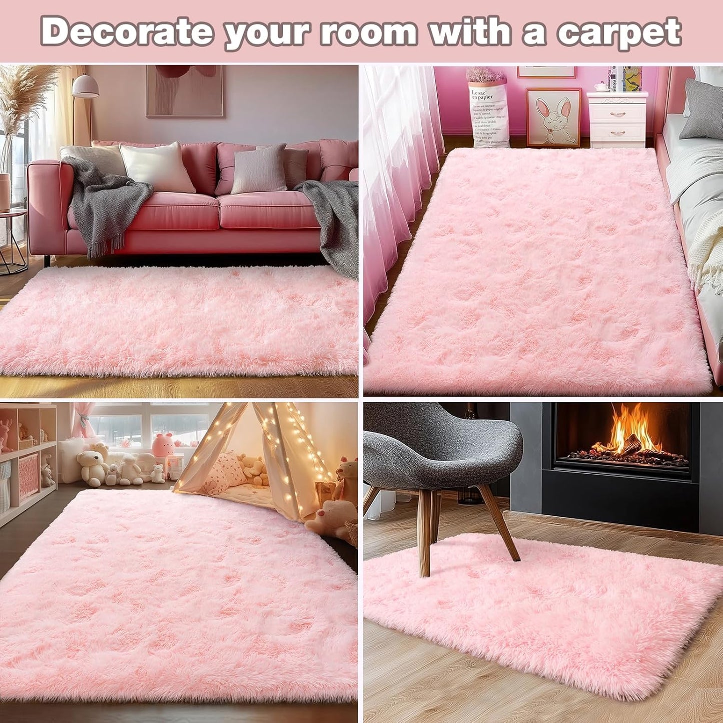 Ultra Soft Fluffy Pink Rugs for Bedroom 4x6 Feet, Fluffy Shag Area Rugs for Living Room, Large Comfy Furry Rug for Girls Kids Baby Room Decor, Non Slip Nursery Modern Indoor Fuzzy Floor Bedside Carpet