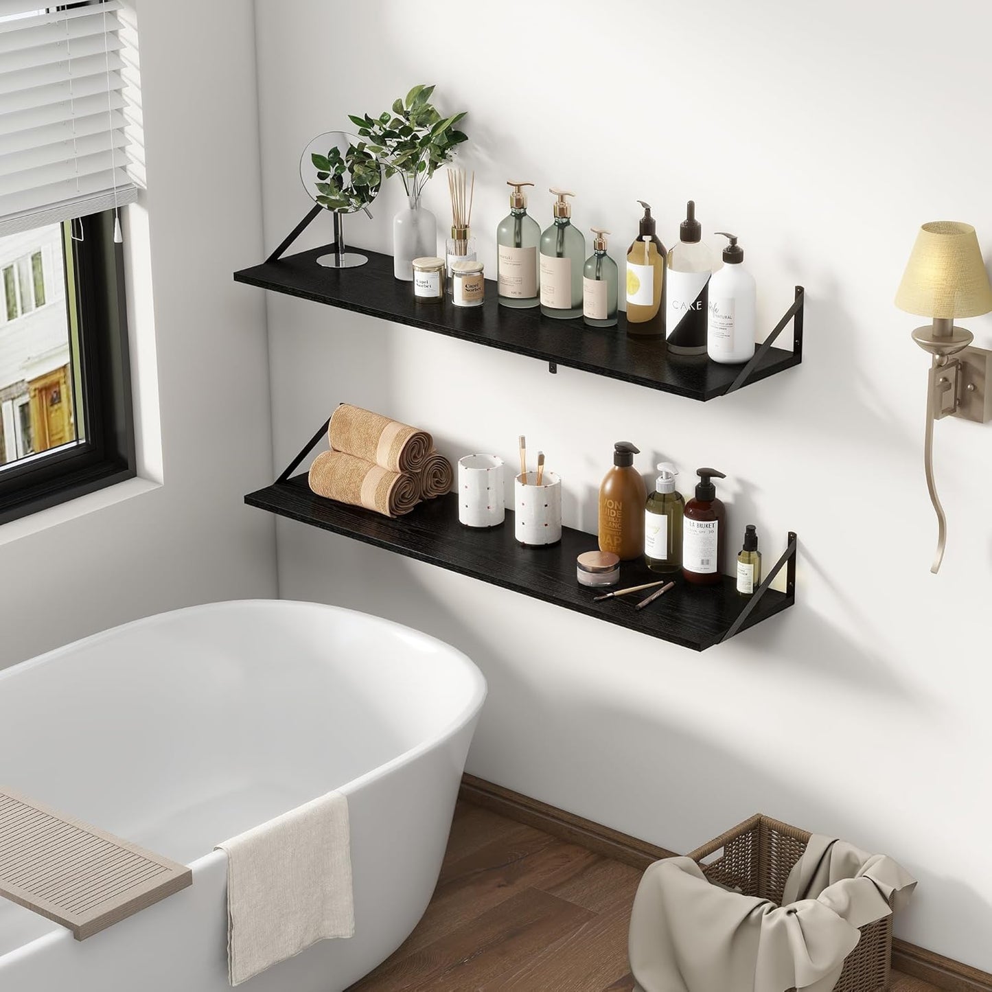 12 Inch Deep Floating Shelves, Black Floating Shelves 48W x 12D, Deep Wall Shelves Bracket Set of 2, Large Display Hanging Floating Shelf for Bathroom, Living Room, Wide Storage Wooden Wall Shelf