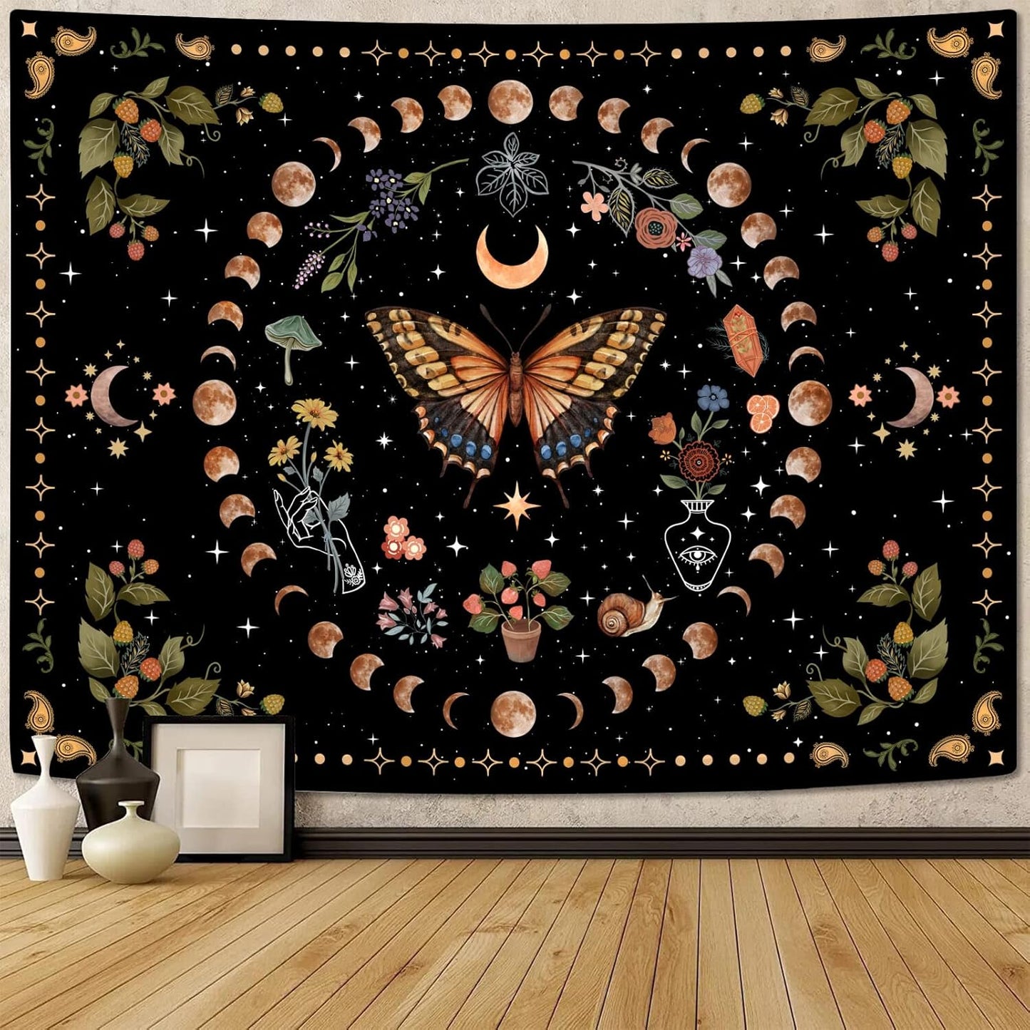 Aipon Yellow Butterfly Moon Flower Tapestry Botanical Floral Plant Boho Tapestry for Bedroom Aesthetic Vintage Tapestries Wall Hanging for Living Room Dorm (68.00'' × 90.00'', Yellow)