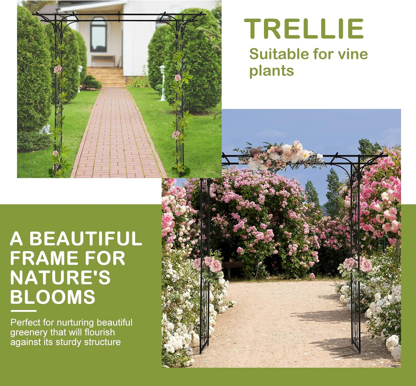 Outvita 7Ft Garden Arch Arbor, Steel Frame Stand Trellis, Arbour Archway for Wedding Ceremony Decoration Plant Climbing Rose Vines Lawn Courtyard Patio Black