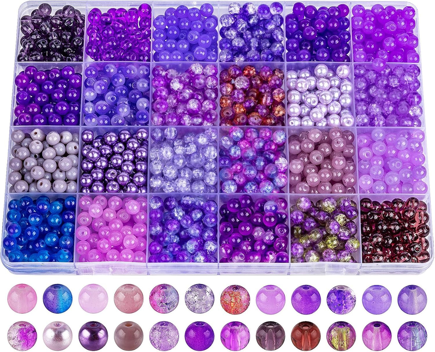 XSEINO About 1200PCS 6mm Glass Beads Bracelet Making Kit,24 Assorted Violet Elegant Series Colorful Crystal Beads for Bracelet and Jewelry Making and DIY Crafts,Friendship Bracelets