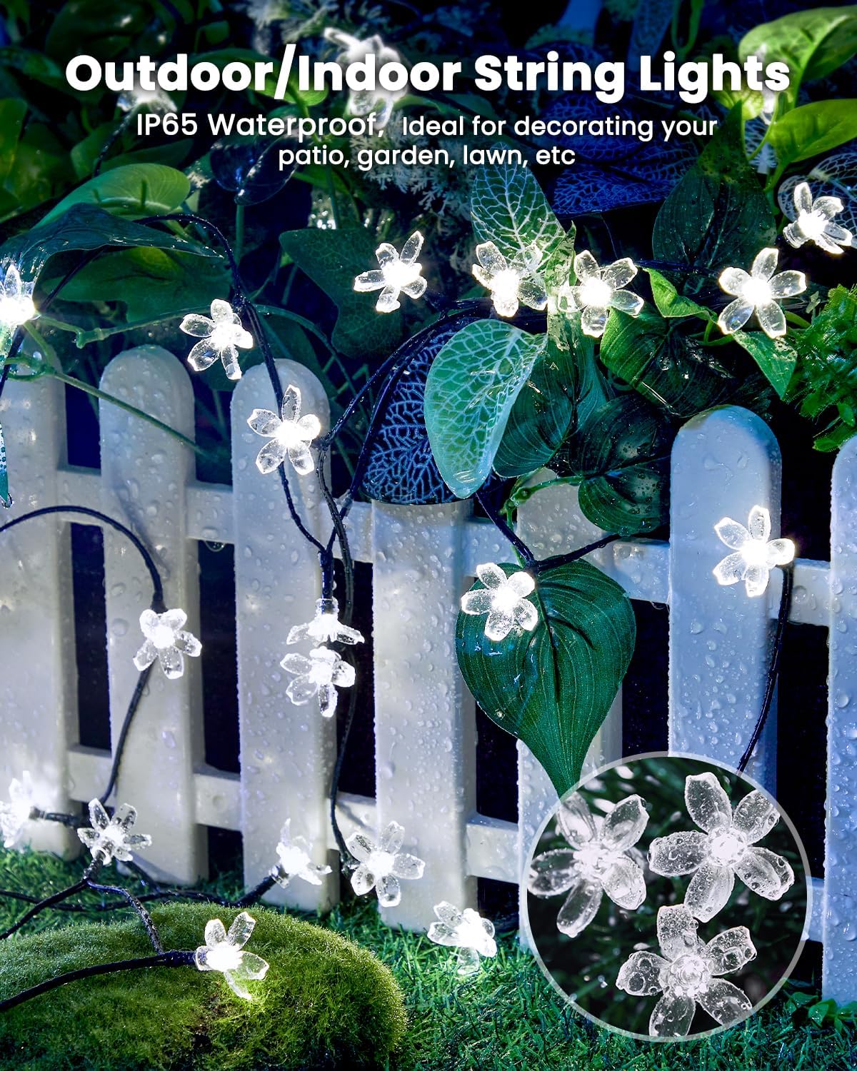 Brightown 60 LED Solar Flower String Lights Outdoor Waterproof Fairy Lights for Garden Yard Fence Patio Christmas Tree Wedding Party Decor, Pure White