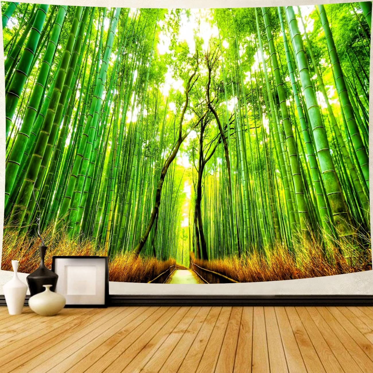 Delur Forest Pathway Tapestry Sunset Tropical Rainforest Nature Tree Tapestry Wall Hanging Sunrise Scenic Natural Green Landscape Headboard for Bedroom Living Room Home Decor (51.2" x 59.1")