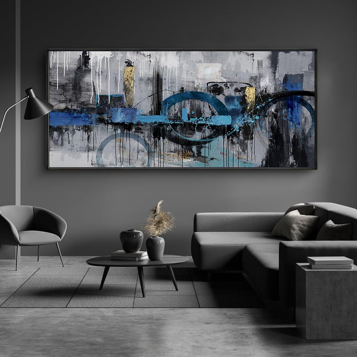 KLAKLA Large Abstract Wall Art Canvas - Blue and Gray Lnk Style Gold City Scenes Wall Decor Living Room Bedroom Decoration Black Frame Picture Artwork for Wall Modern Landscape Wall Decor