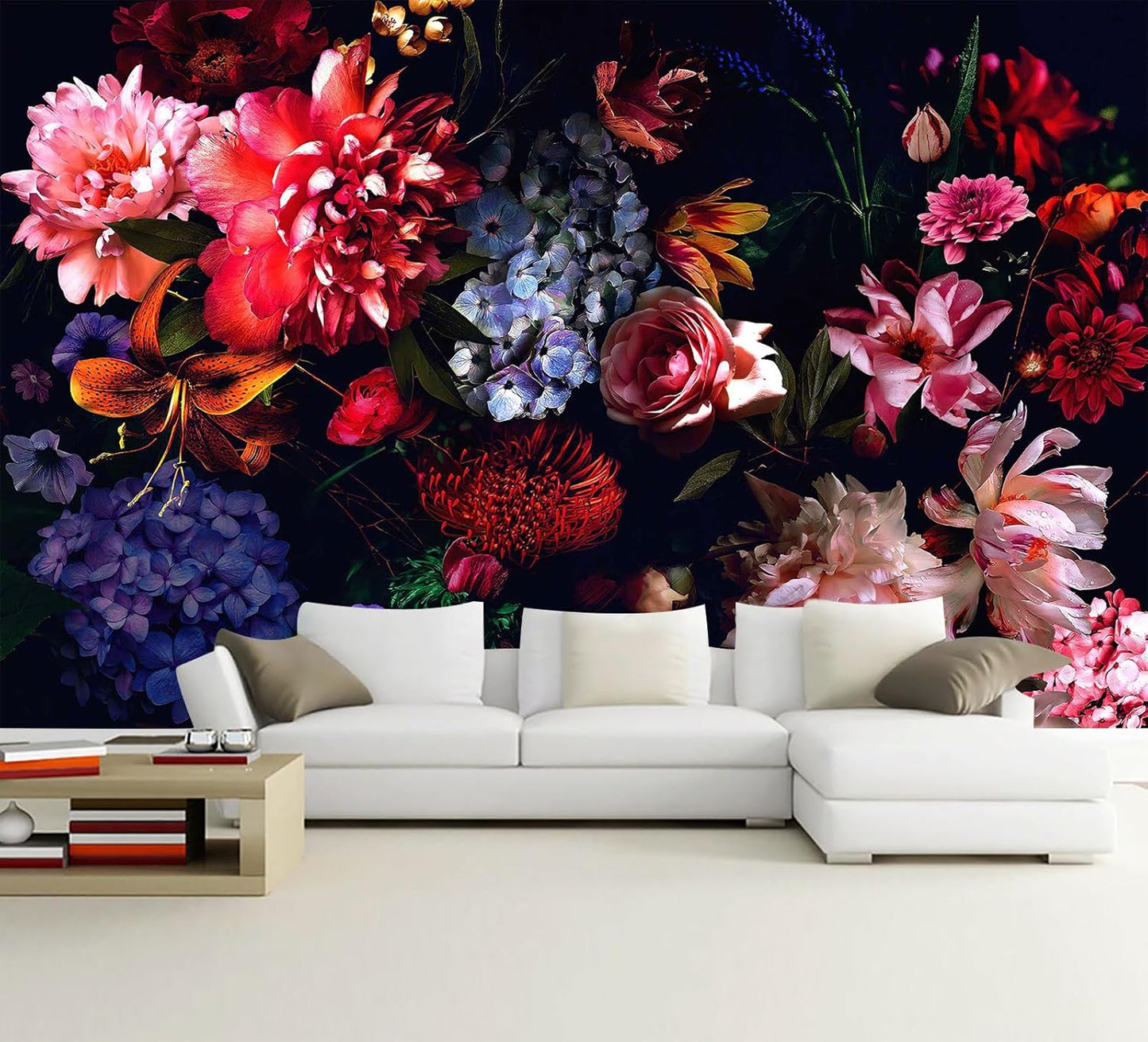 WFBHUA-Dark Floral Wallpaper Watercolor Pink and Blue Flower Wall Mural for Bedroom (Not Peel and Stick)