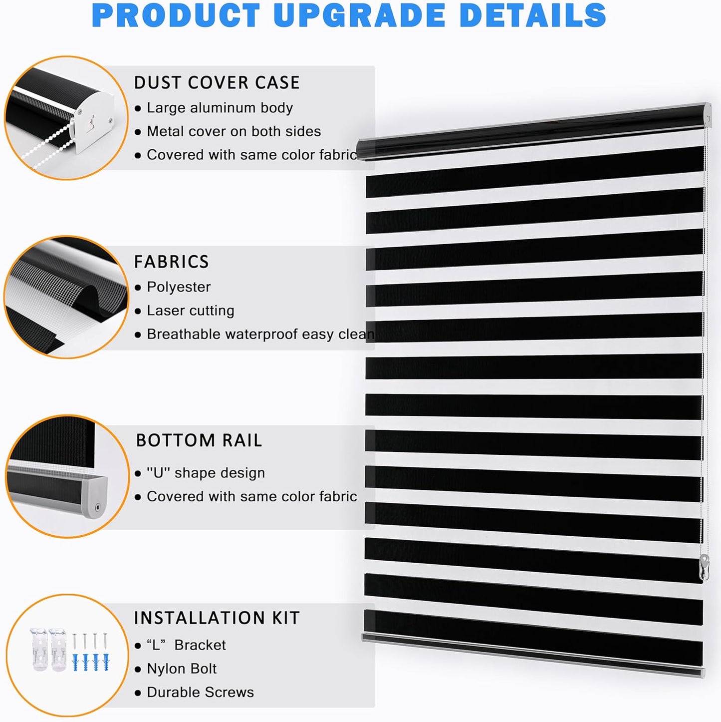 Blackout Zebra Blinds, Dual Layer Free-Stop, Room Darkening Zebra Shades, Blinds for Indoor Windows, Light Filtering Privacy Sheer Shade for Home(52" W X 72" H, Black)