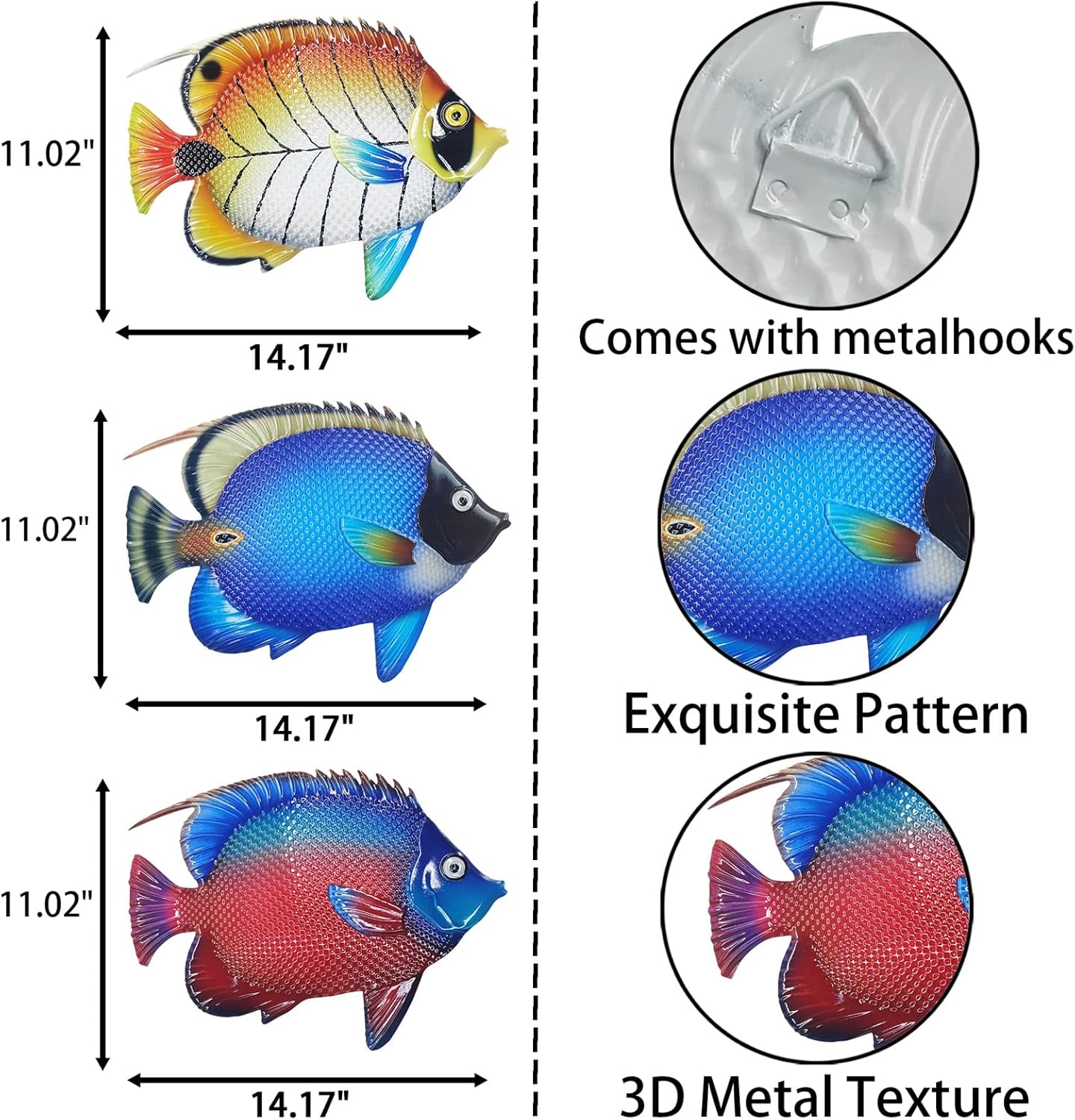 John's Studio Metal Fish Sea Wall Decor Outdoor Garden Hanging Art Sculptures Home Ocean Theme Decorations for Kitchen Bathroom and Pool - 3 PCS