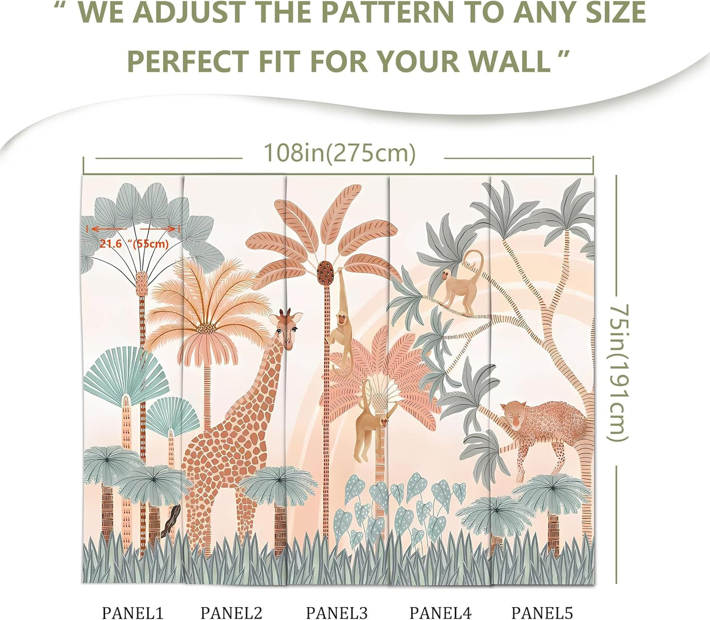 Safari Mural Wallpaper Tropical Tree Animal Large Wall Decor for Kids Room (Not Peel and Stick)