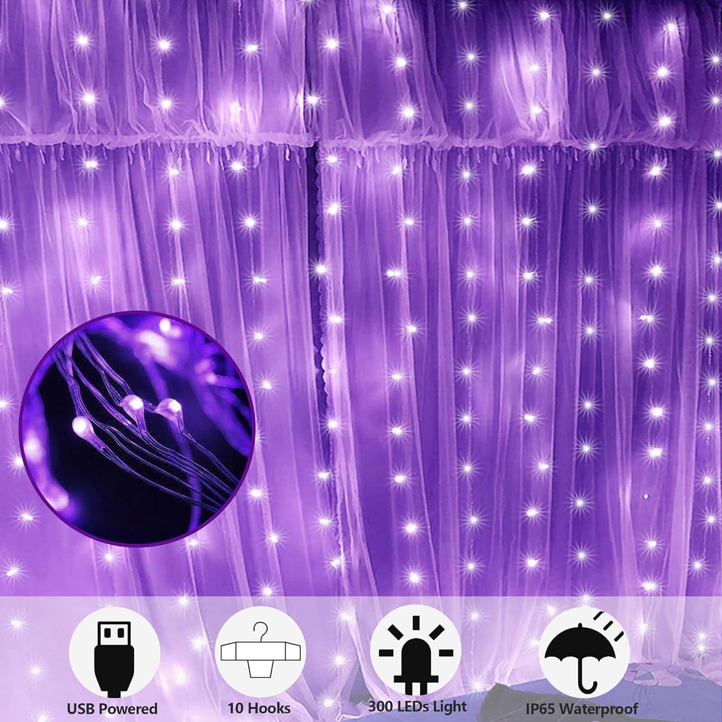 HOME LIGHTING Window Curtain String Lights, 300 LED 8 Lighting Modes Fairy Copper Light with Remote, USB Powered for Halloween Christmas Bedroom Party Wedding Home Garden Wall Decorations, Purple