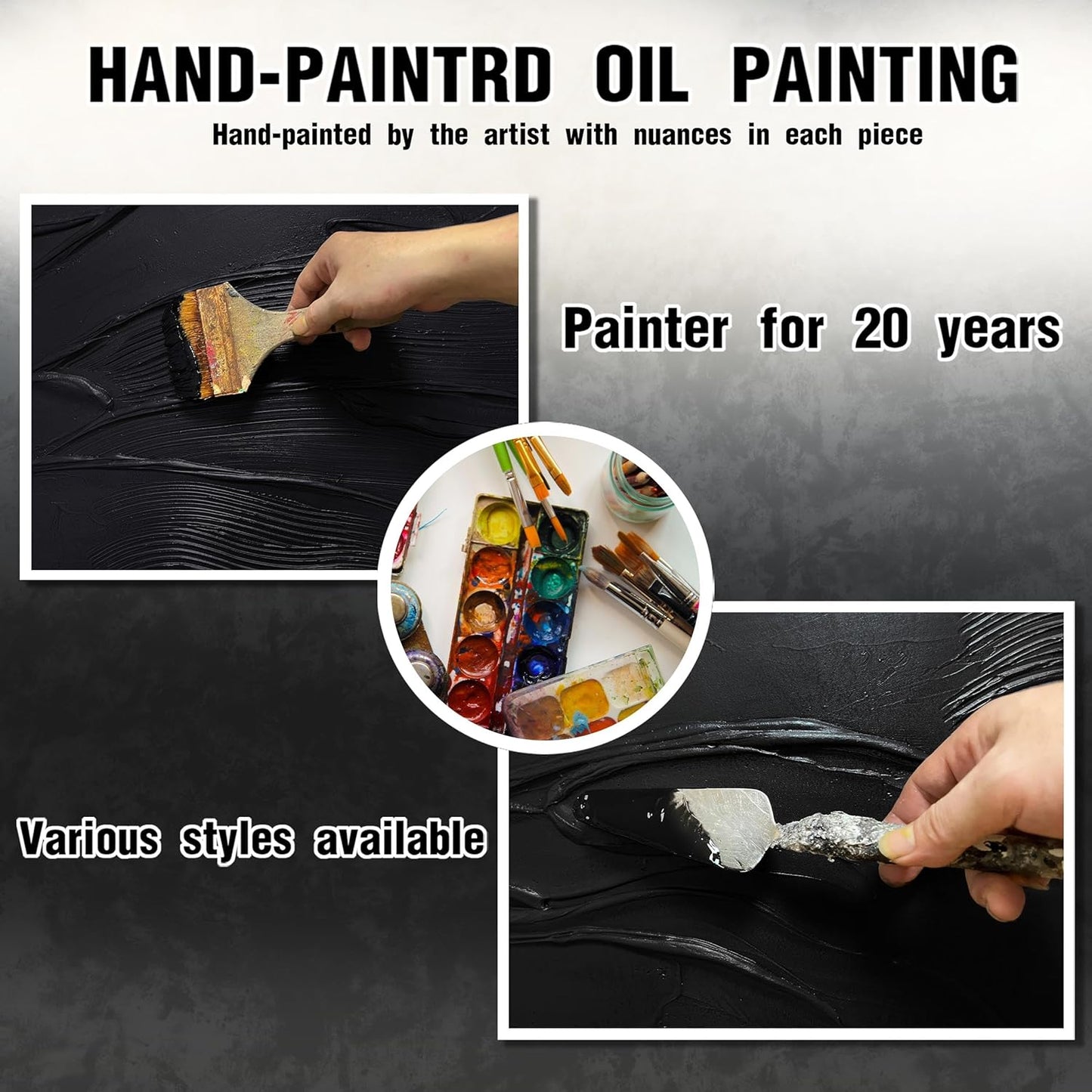 Modern Wall Decor For Bedroom Abstract Hand-Painted Oil Painting For Living Room Black Canvas Wall Art For Home Office Size 24 x 47 Inch