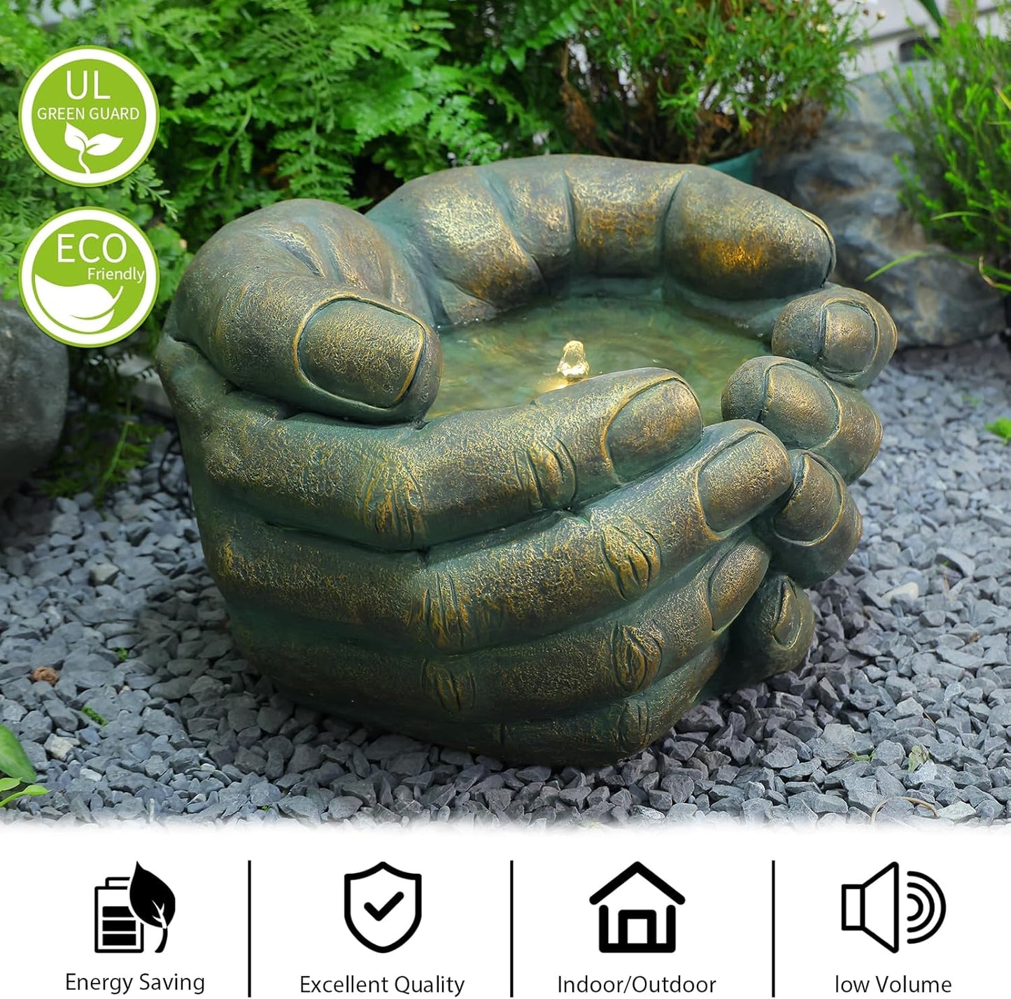 Water Fountain Zen Outdoor Fountains Garden Buddha's Hand Bubbler with Lights & Pump for Patio Porch Deck Yard Home Decor, 19.7''H x 17.5''L x12.2''W