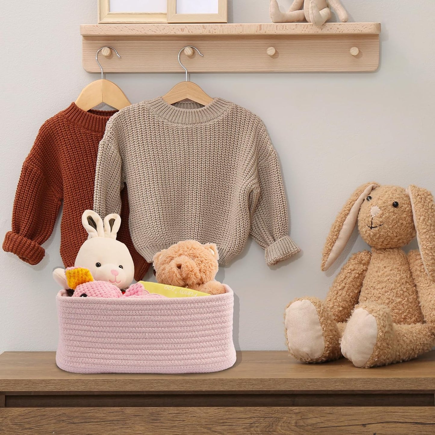 Small Woven Storage Baskets 13“X9”X5“ Decorative Rope Bins for Organizing Shelves, Closets, and Toys, Empty Gift Baskets, Cute Organizer Basket for Home and Office (pink, Large)