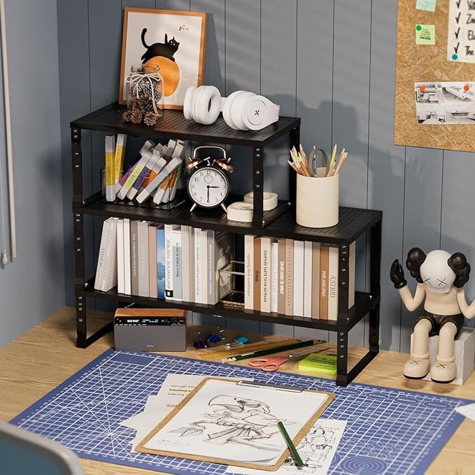 Expandable Spice Rack Kitchen Cabinet Shelf Organizer, Stackable Storage Shelves Racks, Adjustable Counter Shelving for Cabinets, Countertop, Cupboard,Pantry and More(1Pack/Black/Large)