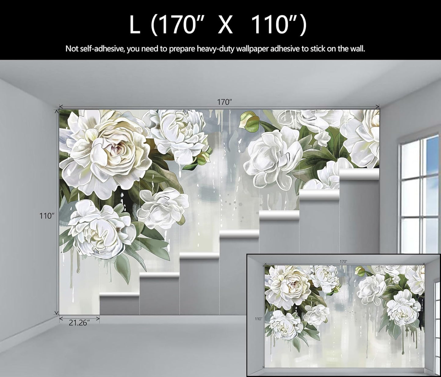 Vintage Floral Wallpaper Bedroom Hand-Painted White Peonies Flowers Wall Mural Children's Room (Not Peel and Stick)