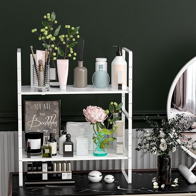 iPEGTOP Expandable Cabinet Storage Shelf Organizer Rack, 2 Pack Heavy Duty Steel Metal Spice Rack Adjustable Height Garage Pantry Shelf Space Riser for Counter Kitchen Organization, White