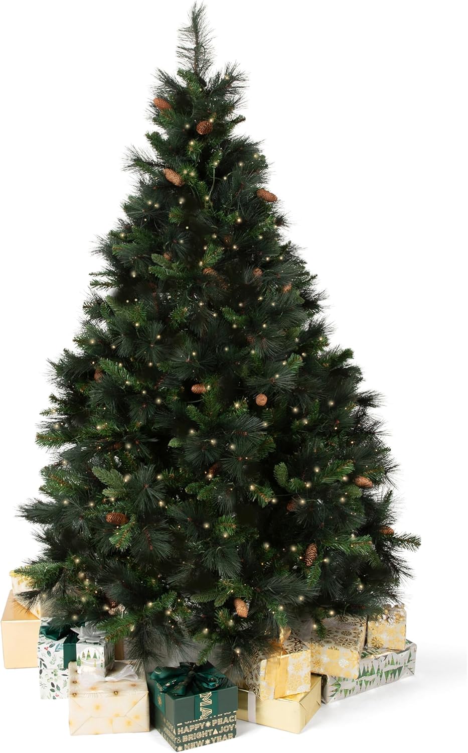 Papyrus 7 ft Pre-Lit Artificial Christmas Tree, Carolina Pine, Pine Cones, Warm White Lights, Includes Stand and Storage Bag