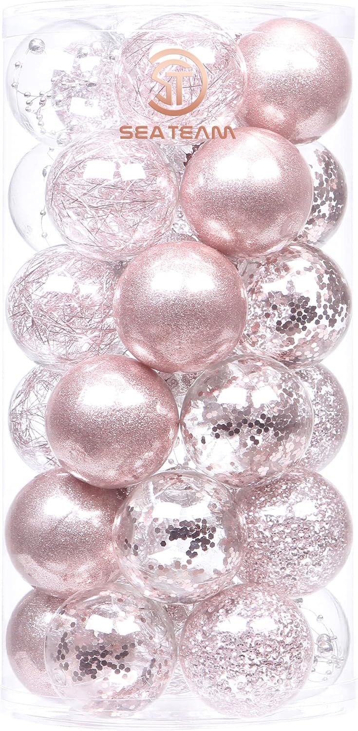 Sea Team Shatterproof Clear Plastic Christmas Ball Ornaments Decorative Xmas Balls Baubles Set with Stuffed Delicate Decorations (60mm/2.36 inch 30-Pack, Pinkish Gold)