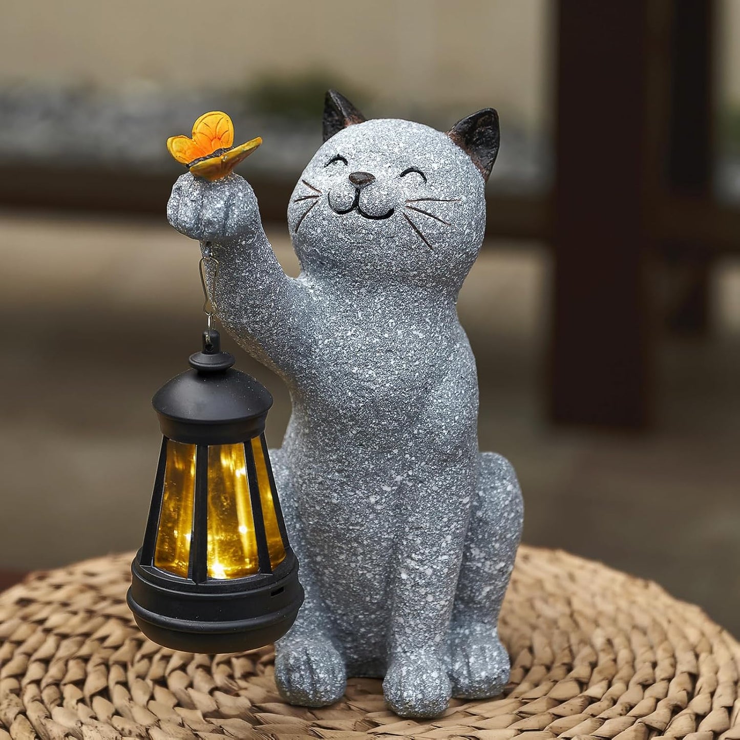 Solar Cat Garden Statue Outdoor Decor, Cat Sculpture with Lantern and Butterfly for Yard Lawn Patio Balcony, Birthday Housewarming Gifts for Mom, Grandma, Women, 9.4 inch, Resin
