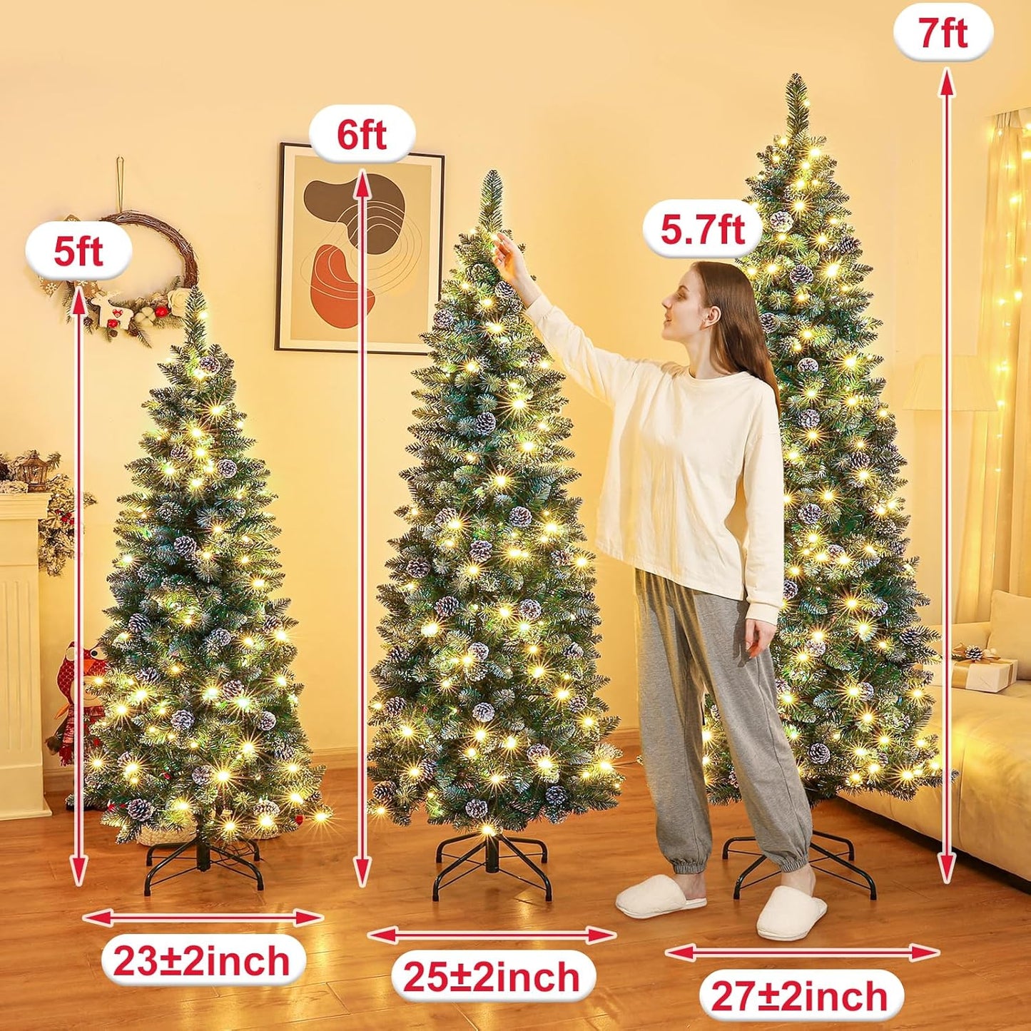 Homde Pencil Christmas Tree 7 Foot Pre-Lit Artificial Christmas Tree with Flocked Snow Pine Cone 210 Warm White Light Holiday Decor