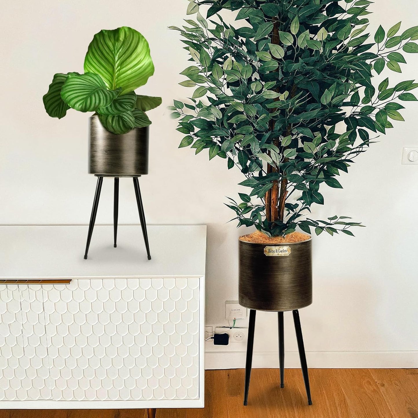 Harvest Land Plant Pots with Stand, Set of 2 Large Modern Planters Metal Tall Handmade Flower Pots with Drainage Holes Indoor Outdoor,Black