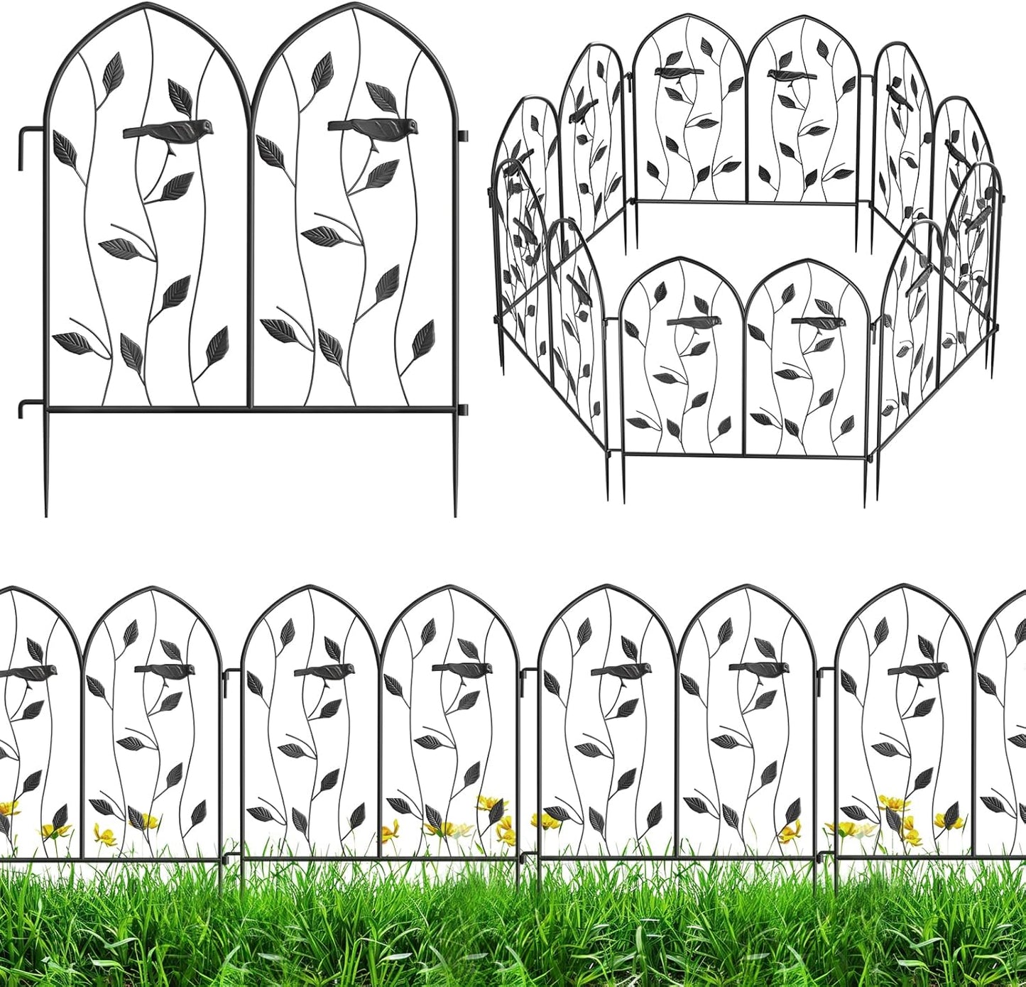 Vintage Decorative Garden Fence 6 Pack, 24in(H) x 10Ft(L), Metal Garden Fencing Panel, Landscape Pathway Edge Iron Picket Fence Panels (Black)