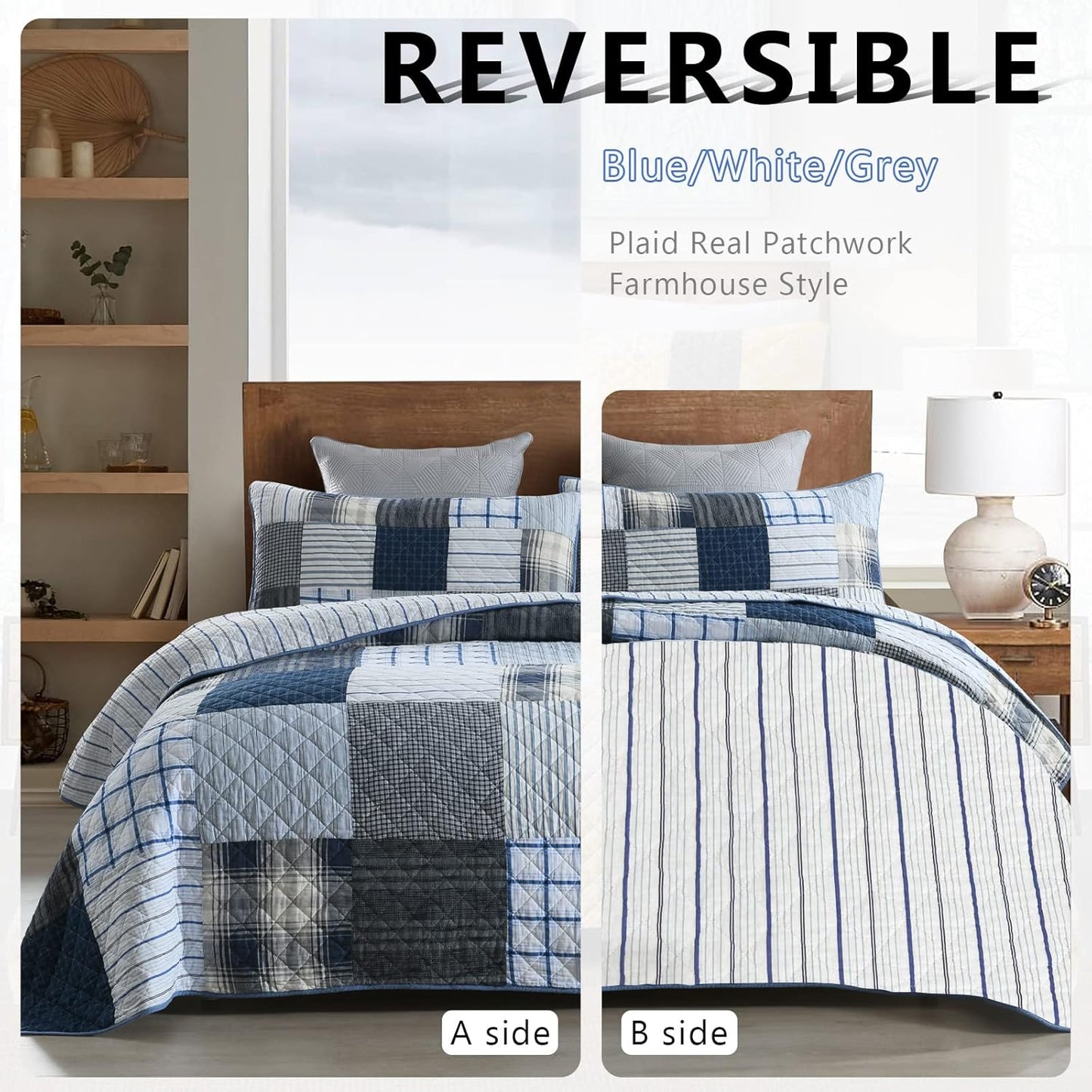 Yvooxny Queen Quilt Set Bedspread Reversible Plaid Grid Quilted Bedspread 3-Piece Real Patchwork Quilt Bedding Set ith Shams for All Seasons, Queen Size, 98 * 90 Inches